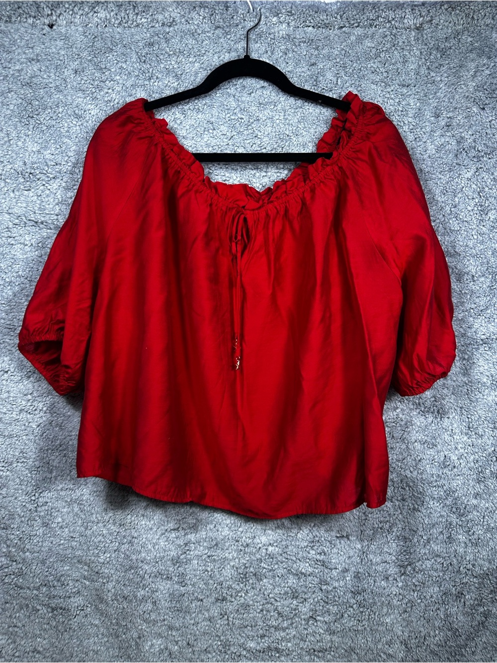 H&M Red Off The Shoulder Top XL Peasant Blouse Puff Sleeve Boho